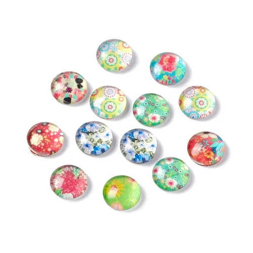 10mm Mixed Floral Print Cabochons Glass Dome Seals Flat Back