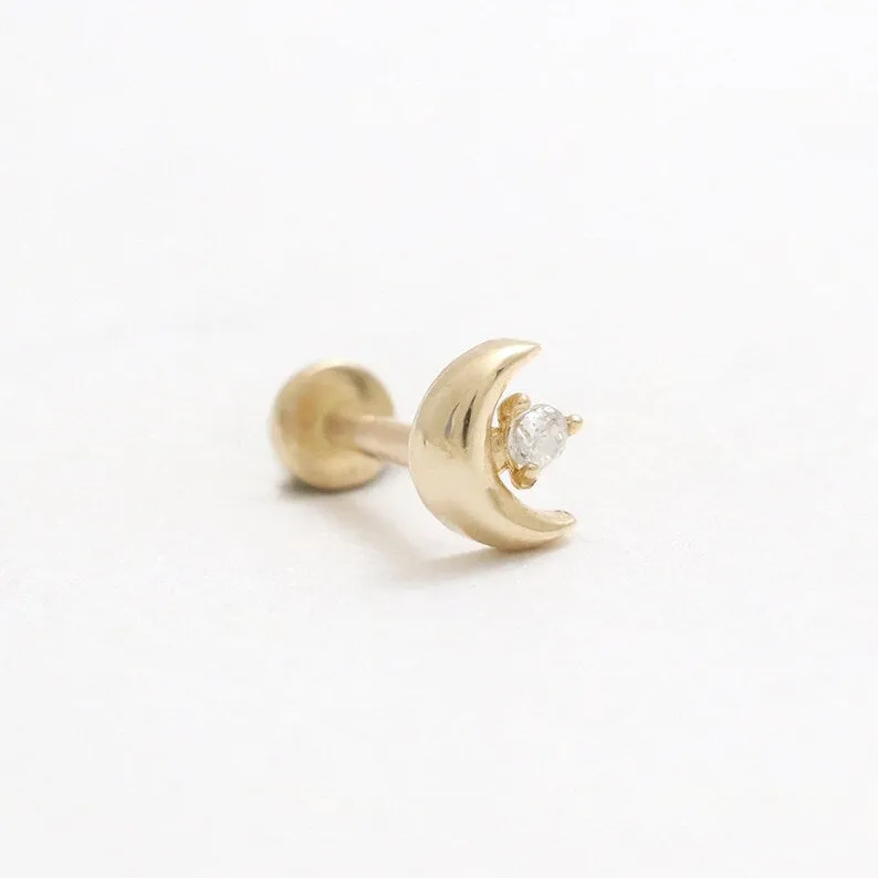 14K Real Gold CZ, Moissanite or Diamond Tiny Crescent Moon Helix Cartilage Tragus Inner Conch Internally Threaded Flat Back Earr