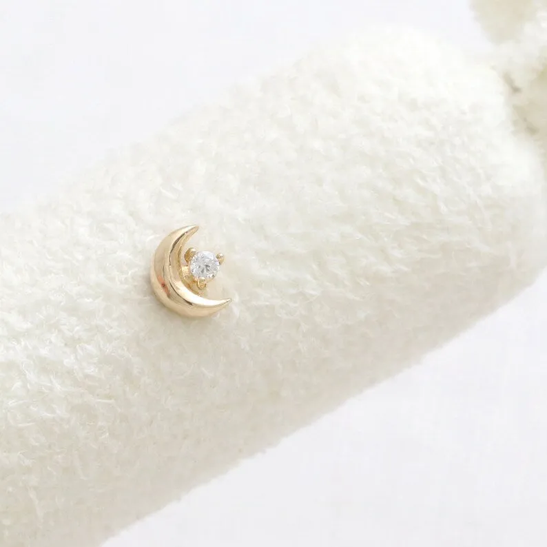 14K Real Gold CZ, Moissanite or Diamond Tiny Crescent Moon Helix Cartilage Tragus Inner Conch Internally Threaded Flat Back Earr