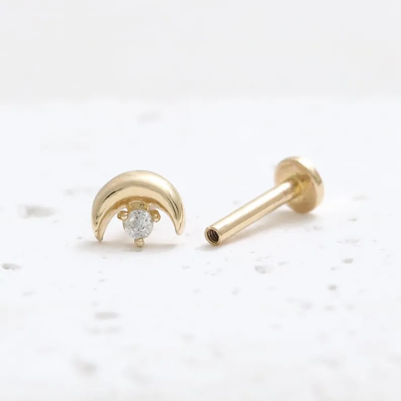 14K Real Gold CZ, Moissanite or Diamond Tiny Crescent Moon Helix Cartilage Tragus Inner Conch Internally Threaded Flat Back Earr