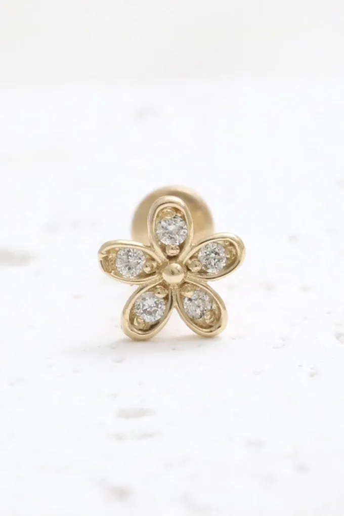 14K Real Gold CZ, Moissanite or Diamond Tiny Daisy Helix Cartilage Tragus Inner Conch Internally Threaded Flat Back Earring Labr