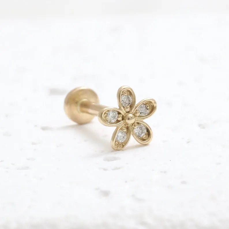 14K Real Gold CZ, Moissanite or Diamond Tiny Daisy Helix Cartilage Tragus Inner Conch Internally Threaded Flat Back Earring Labr