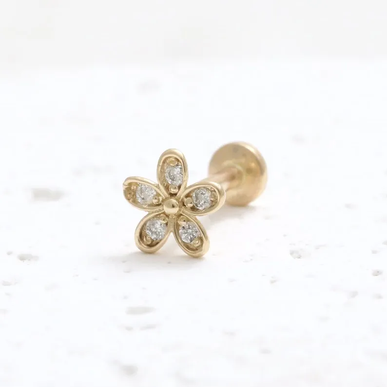 14K Real Gold CZ, Moissanite or Diamond Tiny Daisy Helix Cartilage Tragus Inner Conch Internally Threaded Flat Back Earring Labr