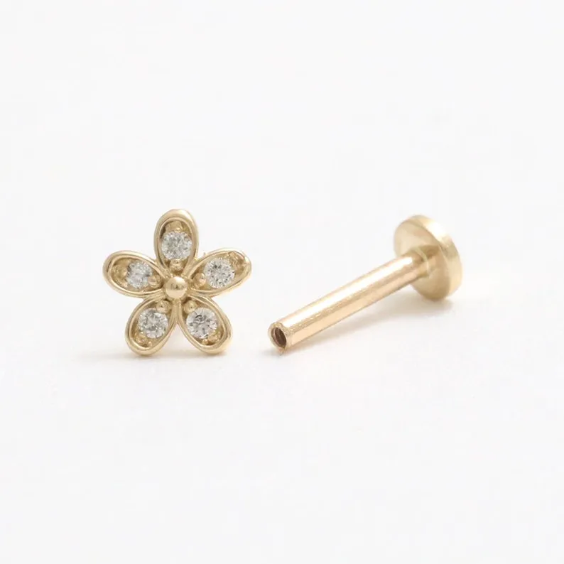 14K Real Gold CZ, Moissanite or Diamond Tiny Daisy Helix Cartilage Tragus Inner Conch Internally Threaded Flat Back Earring Labr