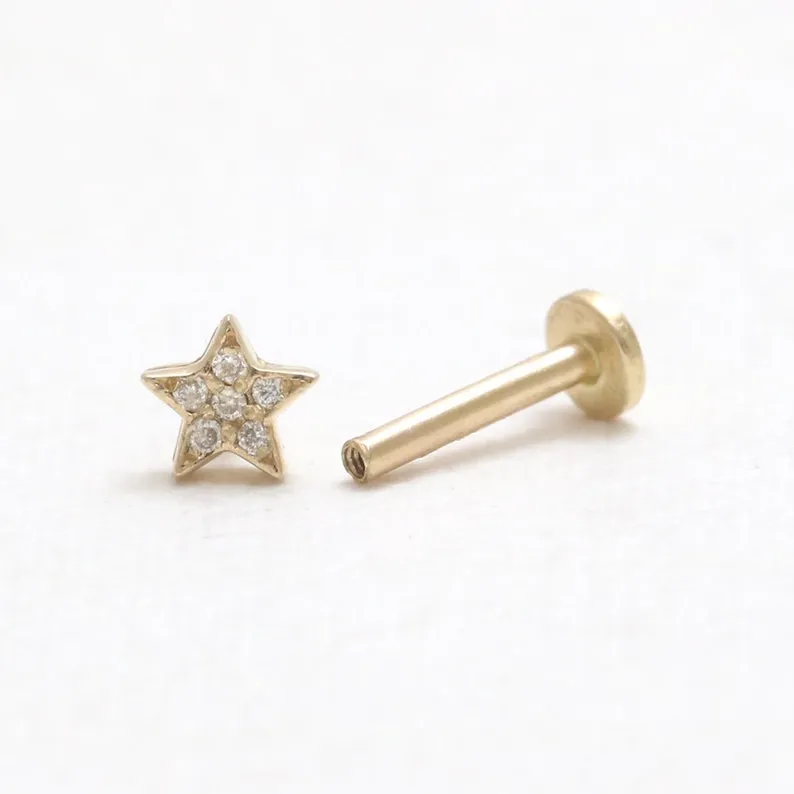 14K Real Gold CZ, Moissanite or Diamond Tiny Star Helix Cartilage Tragus Inner Conch Internally Threaded Flat Back Earring Labre