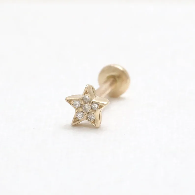 14K Real Gold CZ, Moissanite or Diamond Tiny Star Helix Cartilage Tragus Inner Conch Internally Threaded Flat Back Earring Labre