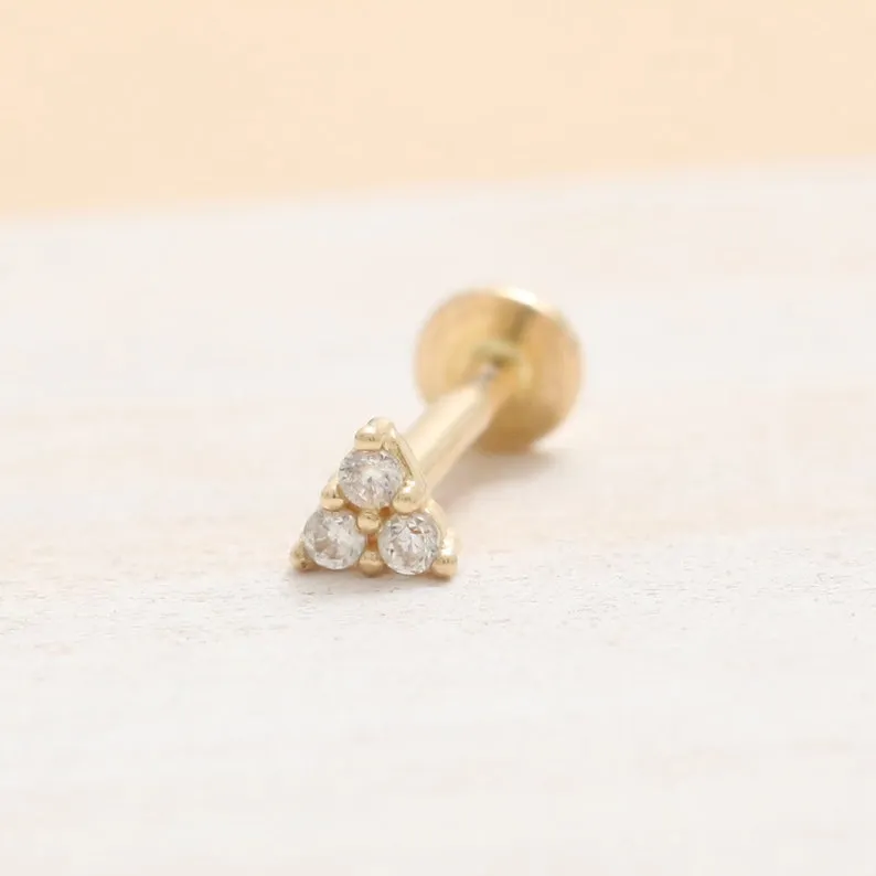 14K Real Gold CZ, Moissanite or Diamond Tiny Triangle Helix Cartilage Tragus Inner Conch Internally Threaded Flat Back Earring L