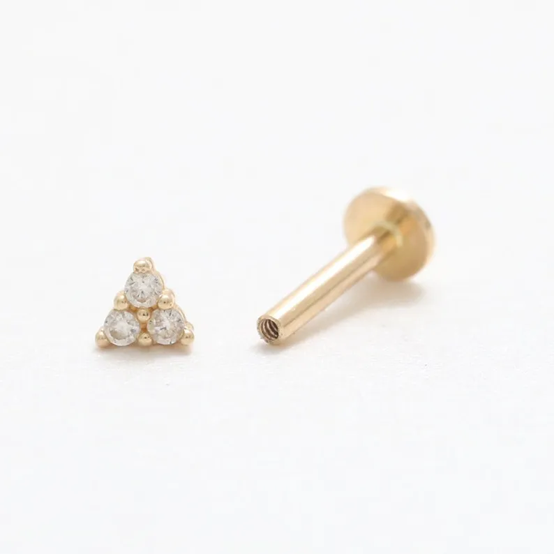 14K Real Gold CZ, Moissanite or Diamond Tiny Triangle Helix Cartilage Tragus Inner Conch Internally Threaded Flat Back Earring L