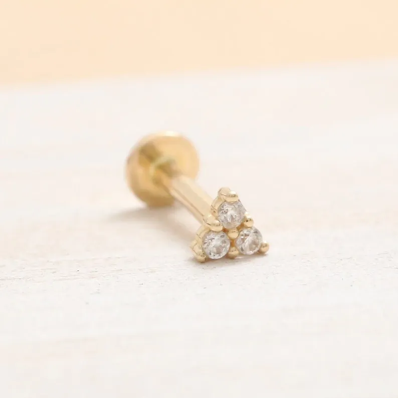 14K Real Gold CZ, Moissanite or Diamond Tiny Triangle Helix Cartilage Tragus Inner Conch Internally Threaded Flat Back Earring L