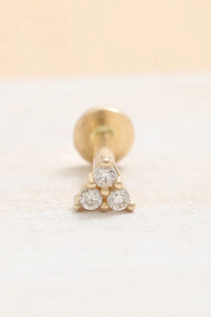 14K Real Gold CZ, Moissanite or Diamond Tiny Triangle Helix Cartilage Tragus Inner Conch Internally Threaded Flat Back Earring L