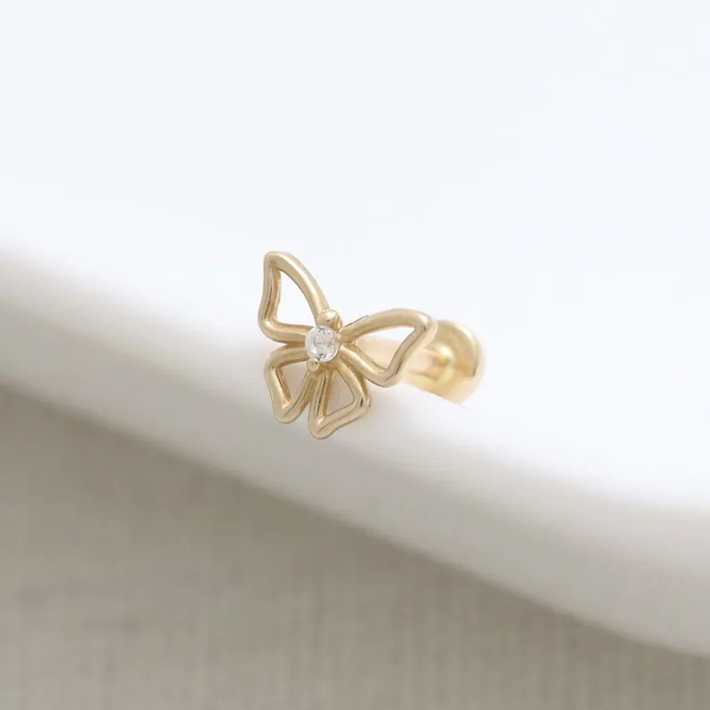 14K Real Gold CZ, Moissanite or Genuine Diamond Small Open Butterfly Helix Cartilage Tragus Inner Conch Internally Threaded Flat