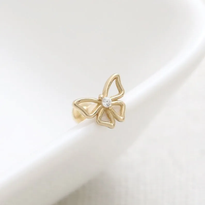 14K Real Gold CZ, Moissanite or Genuine Diamond Small Open Butterfly Helix Cartilage Tragus Inner Conch Internally Threaded Flat