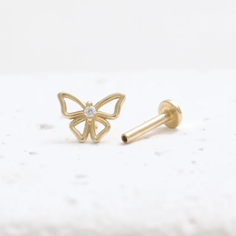 14K Real Gold CZ, Moissanite or Genuine Diamond Small Open Butterfly Helix Cartilage Tragus Inner Conch Internally Threaded Flat