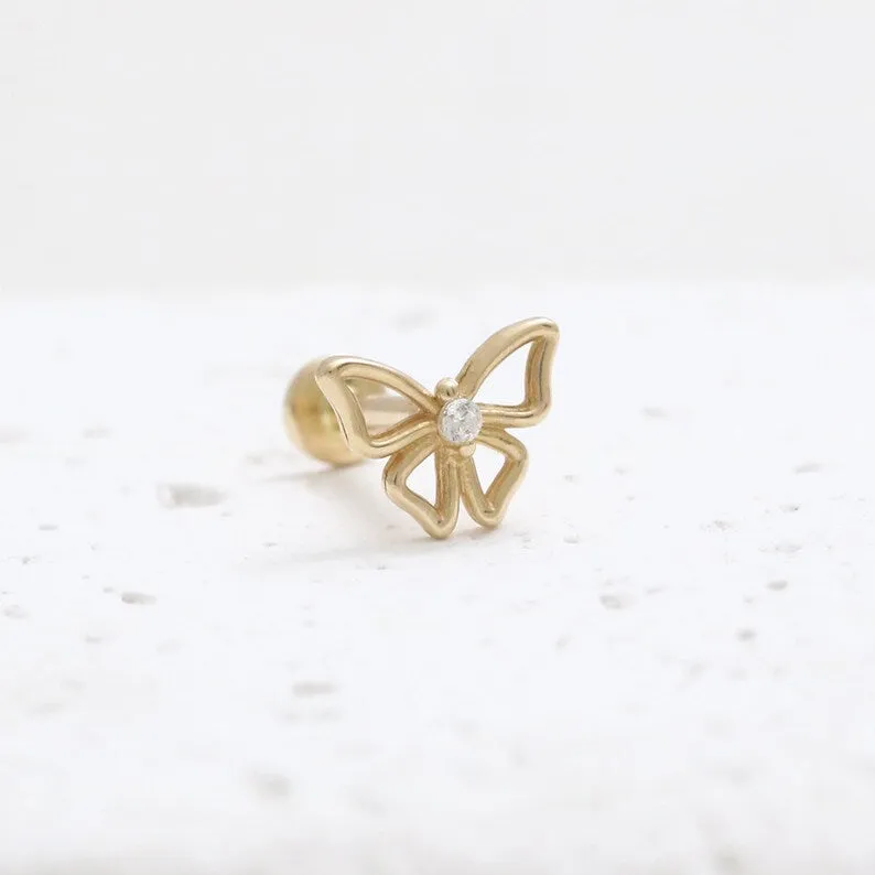 14K Real Gold CZ, Moissanite or Genuine Diamond Small Open Butterfly Helix Cartilage Tragus Inner Conch Internally Threaded Flat