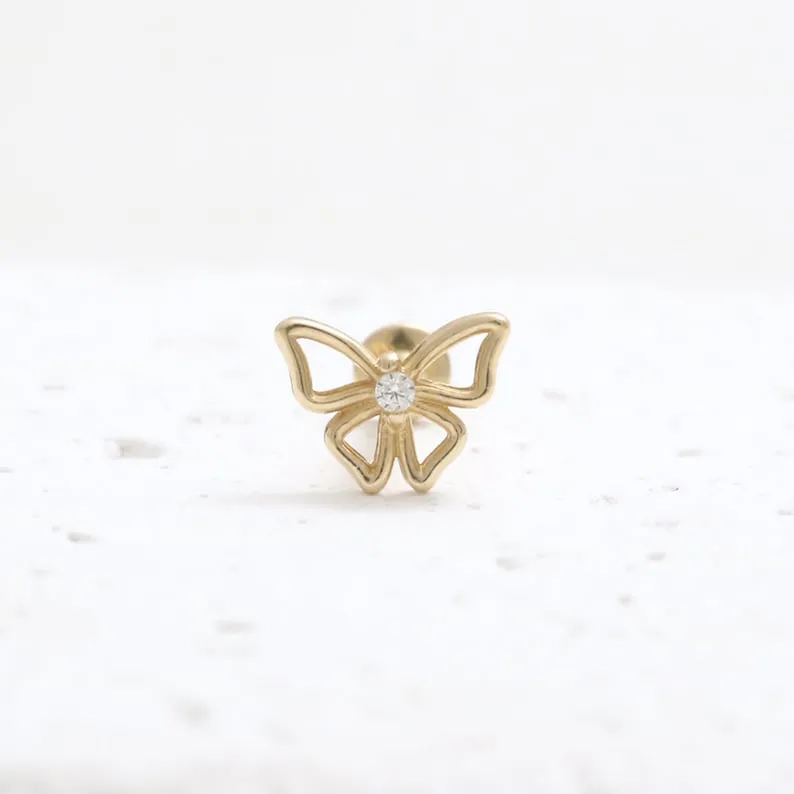 14K Real Gold CZ, Moissanite or Genuine Diamond Small Open Butterfly Helix Cartilage Tragus Inner Conch Internally Threaded Flat