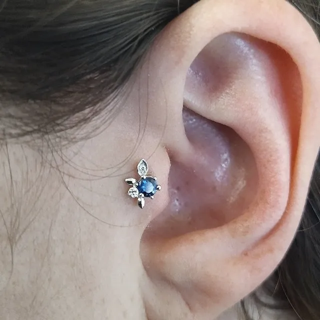 14K Real Gold Genuine Blue Sapphire & Diamonds Elf Leaf Helix Cartilage Tragus Inner Conch Internally Threaded Flat Back Earring