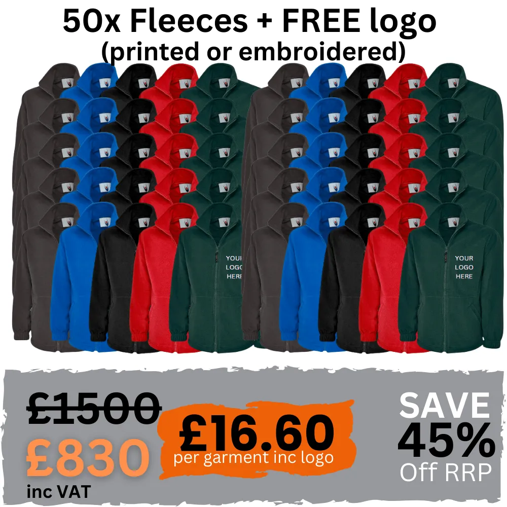 50 Custom Fleeces with Company/Team Logo - Printed or Embroidered