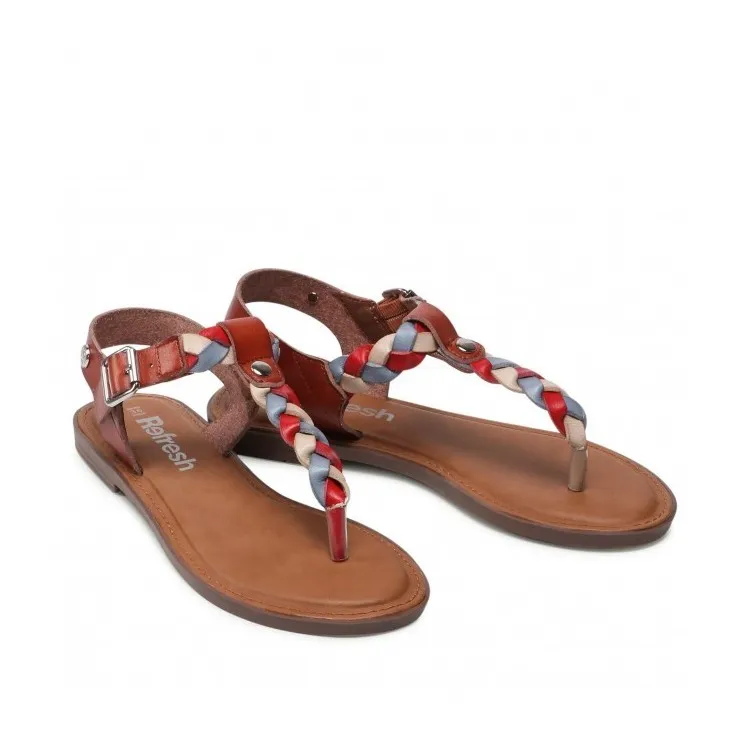 79763 Women's Brown Flat Leather Sandals Refresh Flip-Flops.