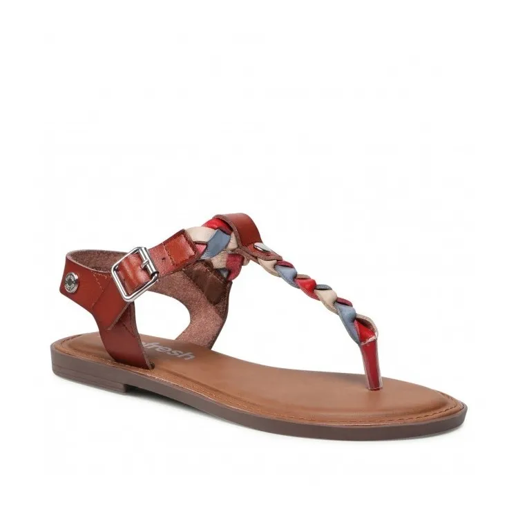 79763 Women's Brown Flat Leather Sandals Refresh Flip-Flops.