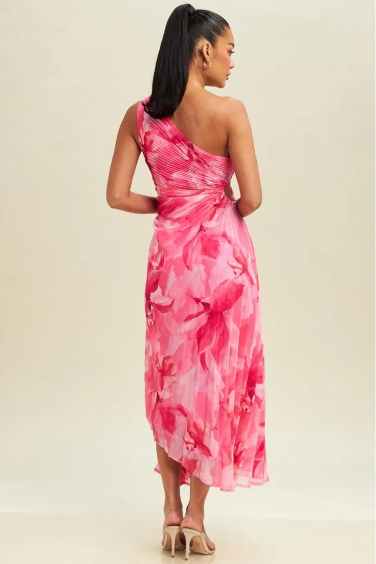 Abstract Floral Pleated Asymmetrical Midi Dress