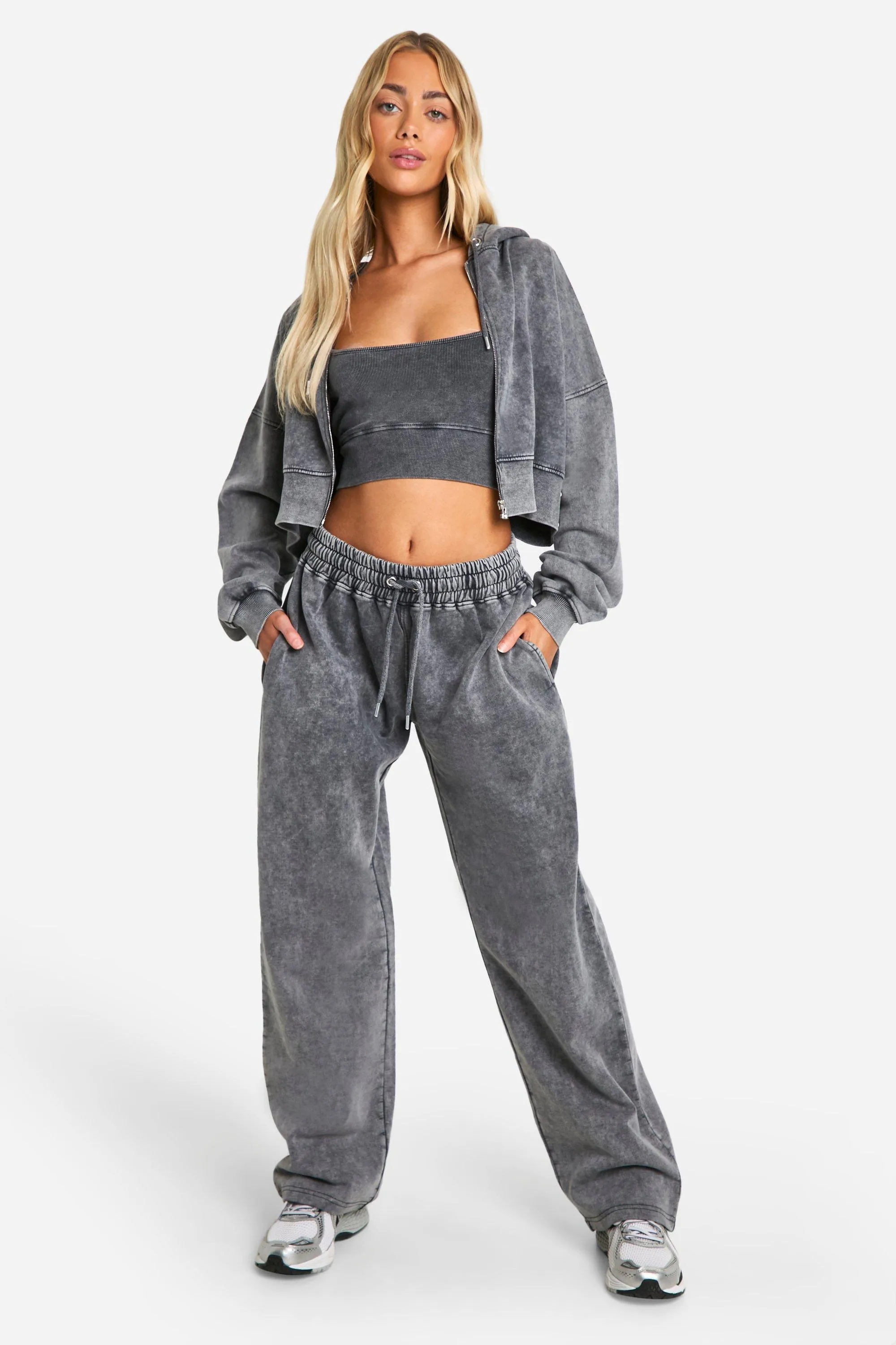 Acid Wash Deep Hem Crop Top 3 Piece Hooded Tracksuit