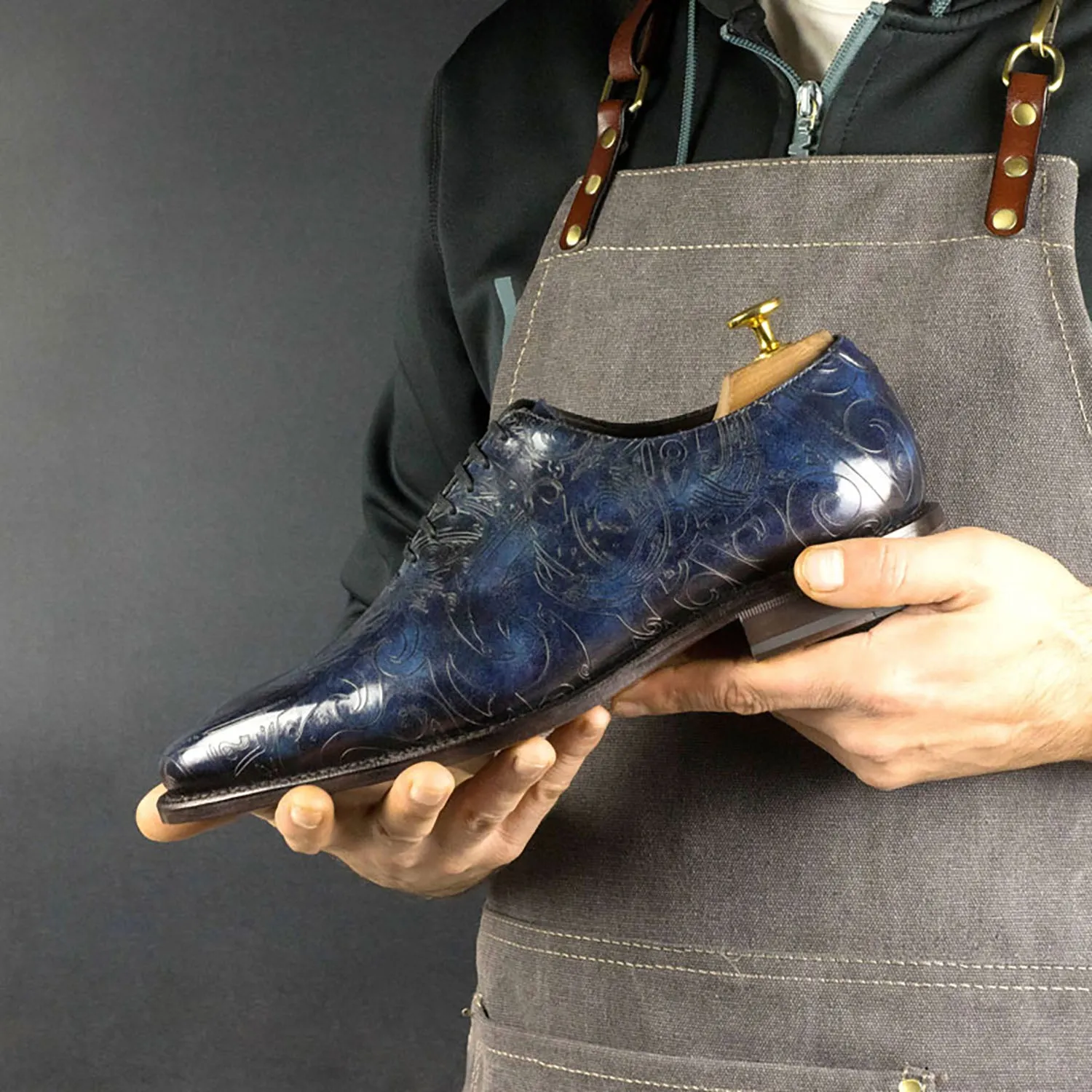 Ambrogio Men's Handmade Custom Made Shoes Ocean Blue Maori Texture Print / Patina Leather Wholecut Plain Oxfords (AMB1634)