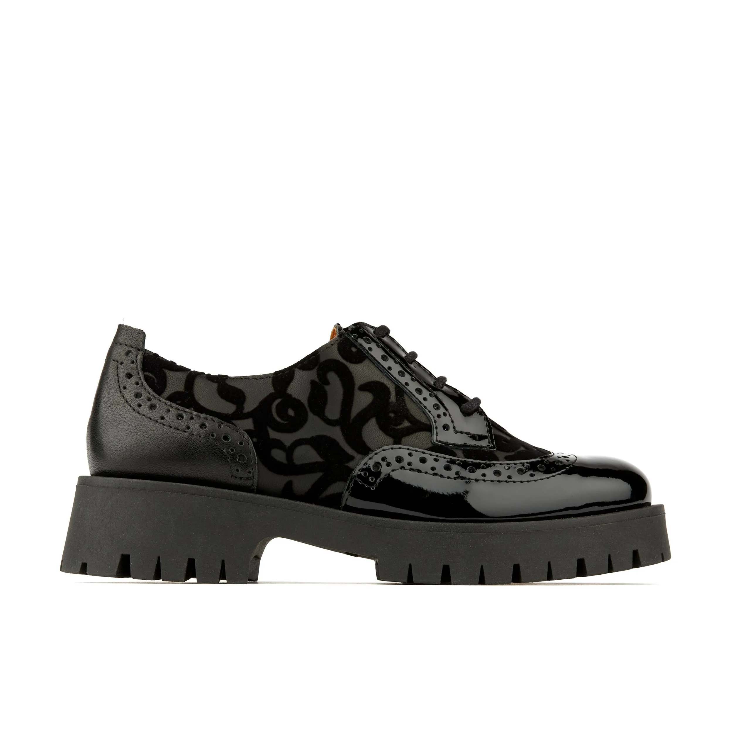 ARTISAN BLACK FLORAL - Women's chunky sole derby shoe with brogue details