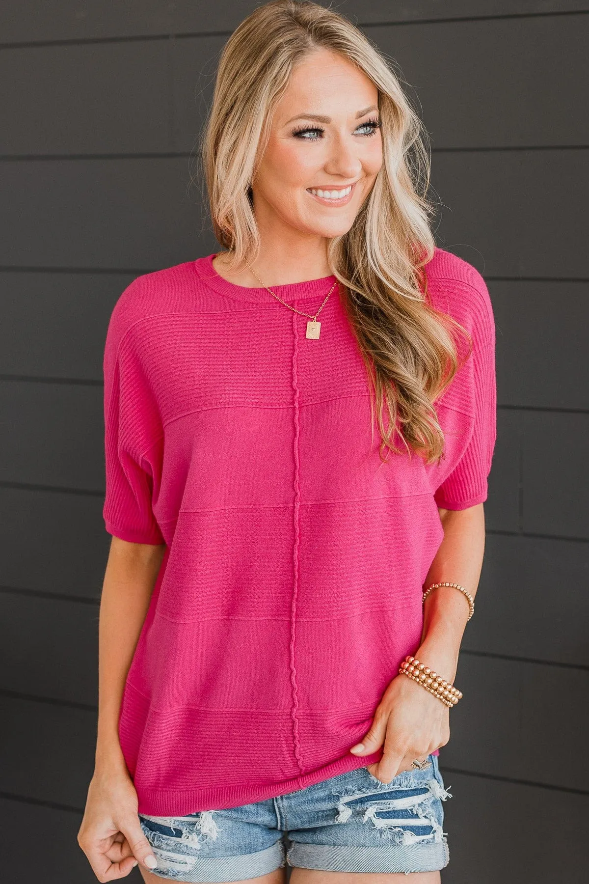 Banded Knit Top in Fuchsia