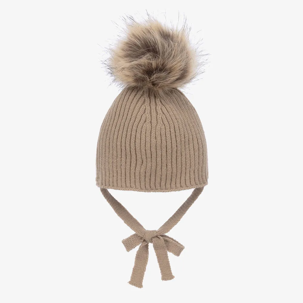 Beige Knitted Pom-Pom Hat