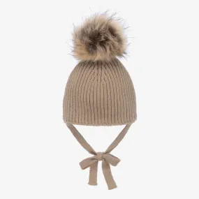 Beige Knitted Pom-Pom Hat