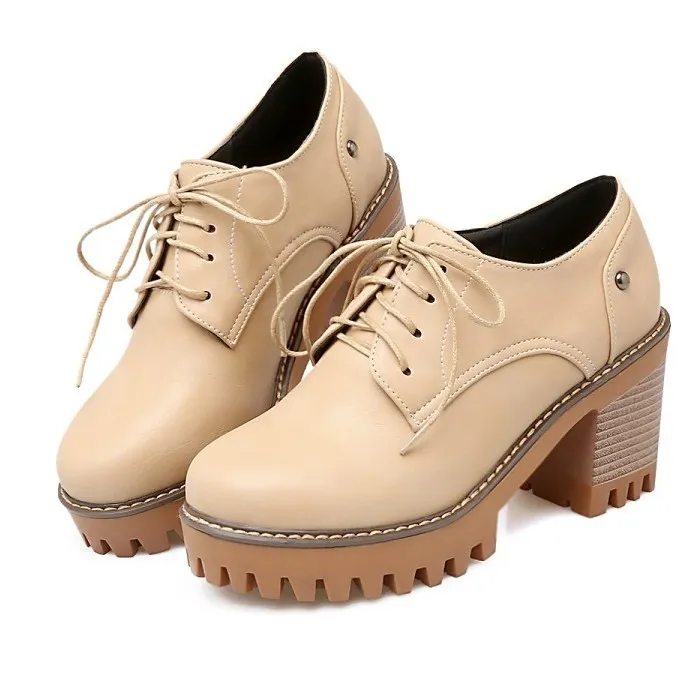 Beige Chunky Heel Cleated Sole Lace-Up Platforms Oxfords