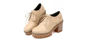 Beige Chunky Heel Cleated Sole Lace-Up Platforms Oxfords