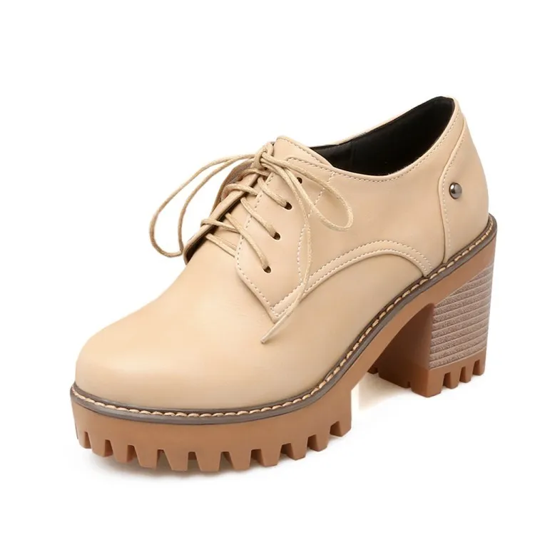 Beige Chunky Heel Cleated Sole Lace-Up Platforms Oxfords