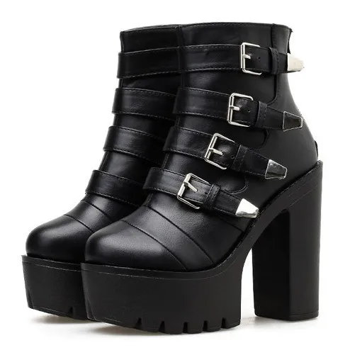 Black Chunky Cleated Sole High Heels Platforms Boots