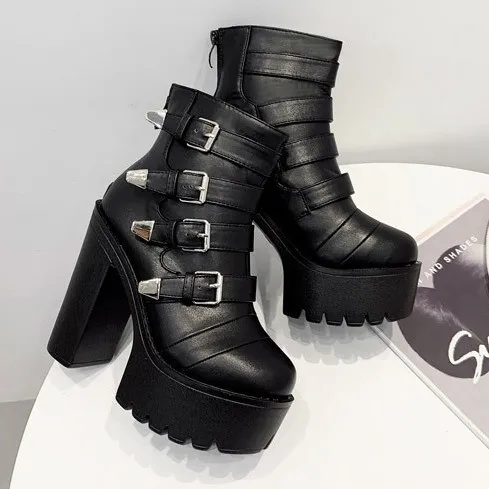 Black Chunky Cleated Sole High Heels Platforms Boots