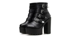 Black Chunky Cleated Sole High Heels Platforms Boots