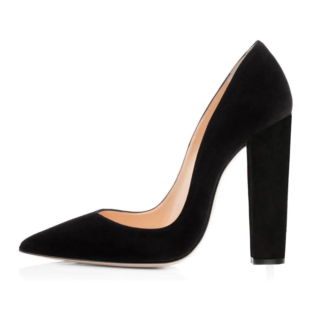 Black Chunky Heel Pointed Toe Pumps.