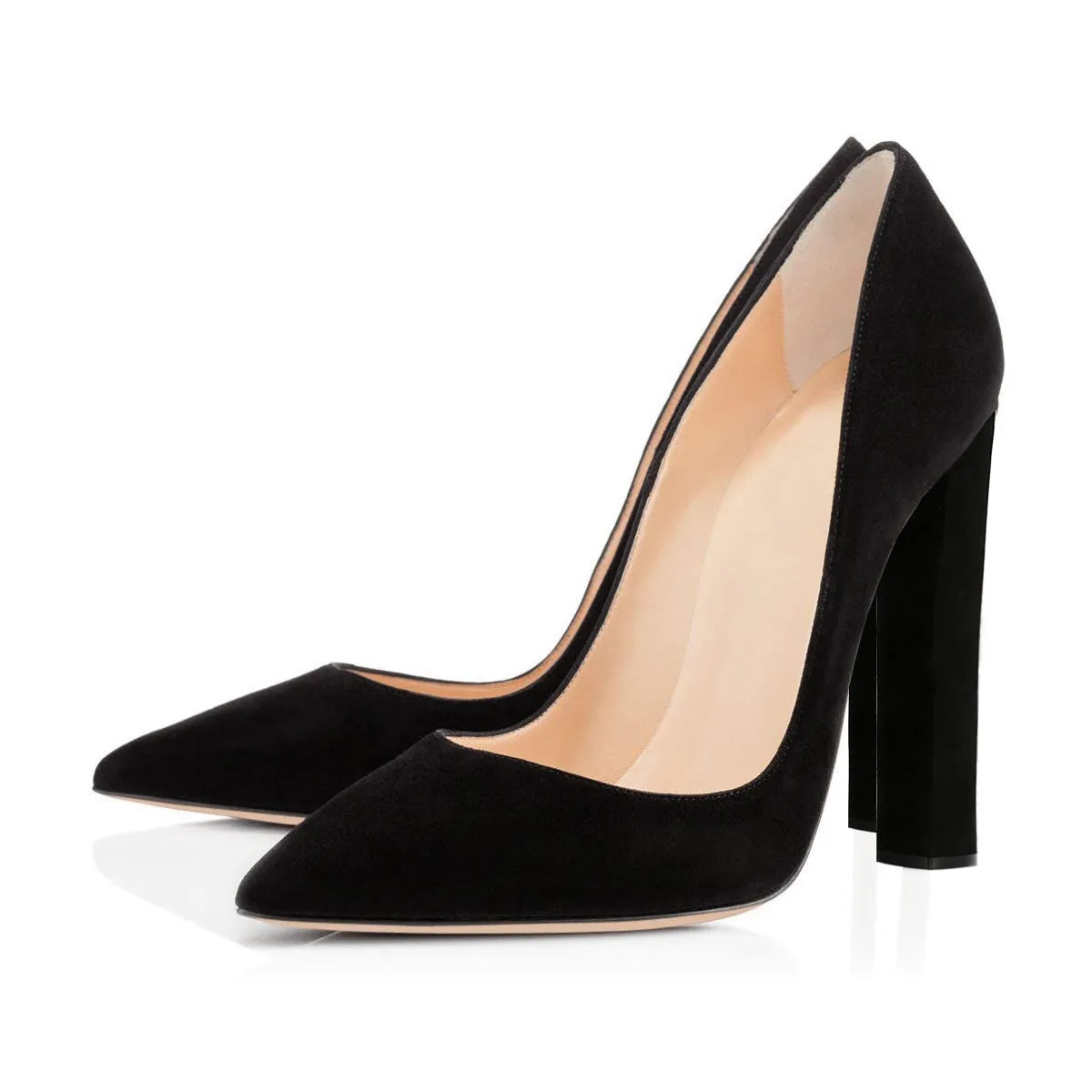 Black Chunky Heel Pointed Toe Pumps.