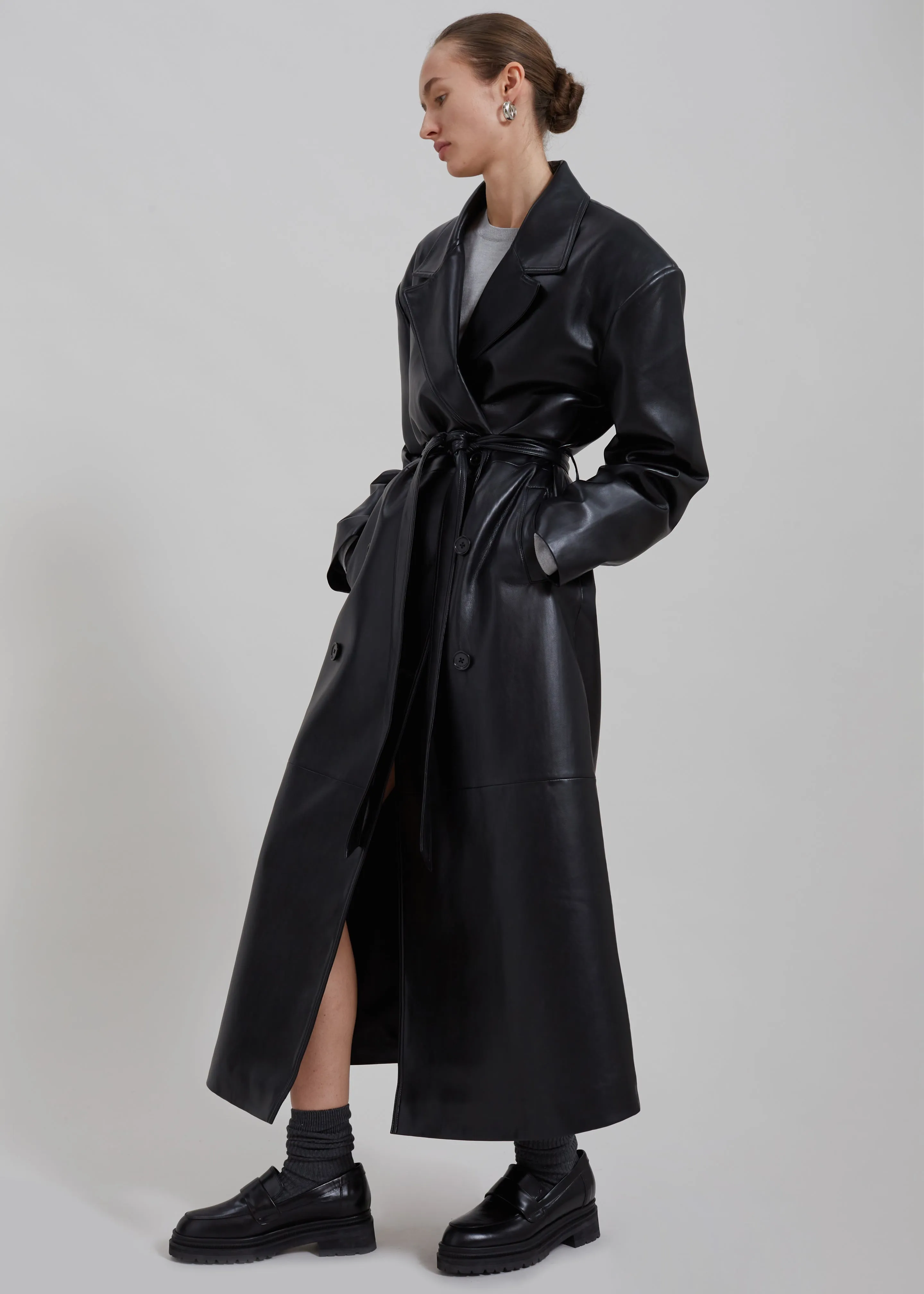 Black Faux Leather Trench Coat by Tina.