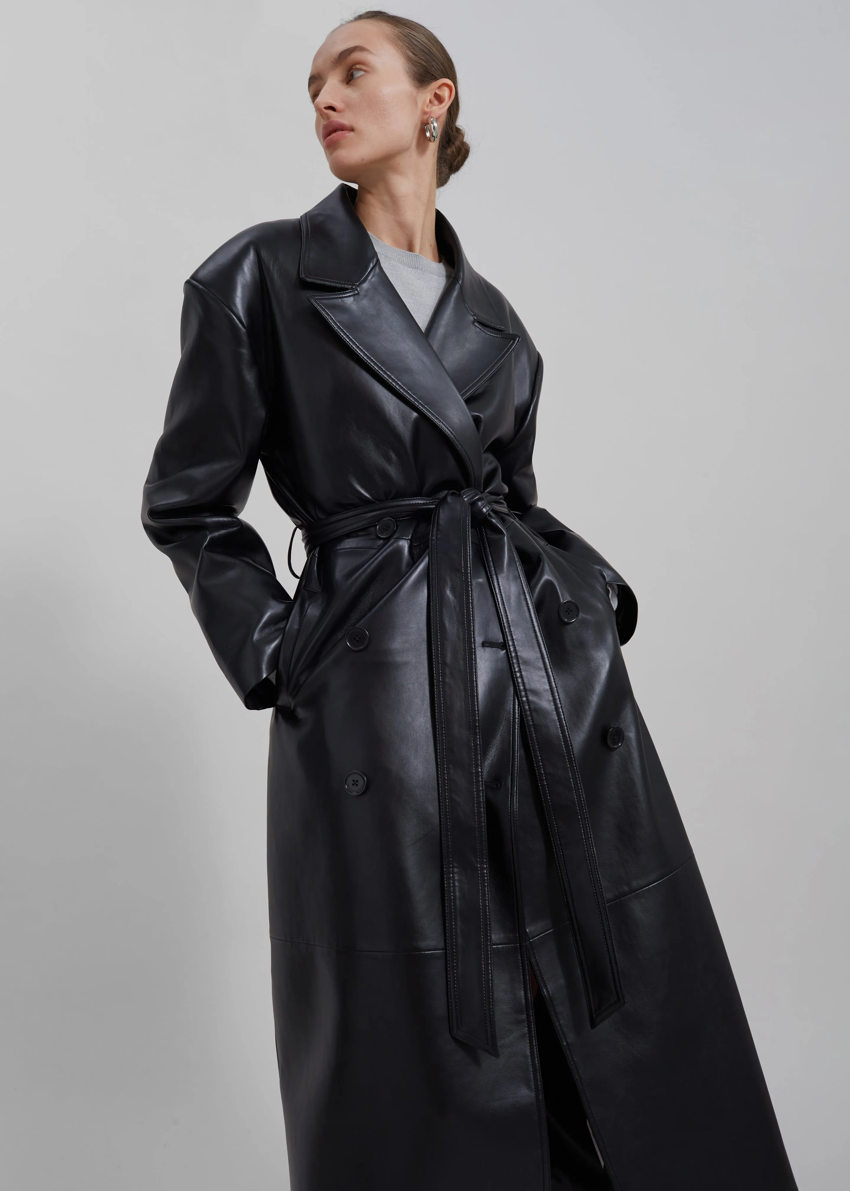 Black Faux Leather Trench Coat by Tina.