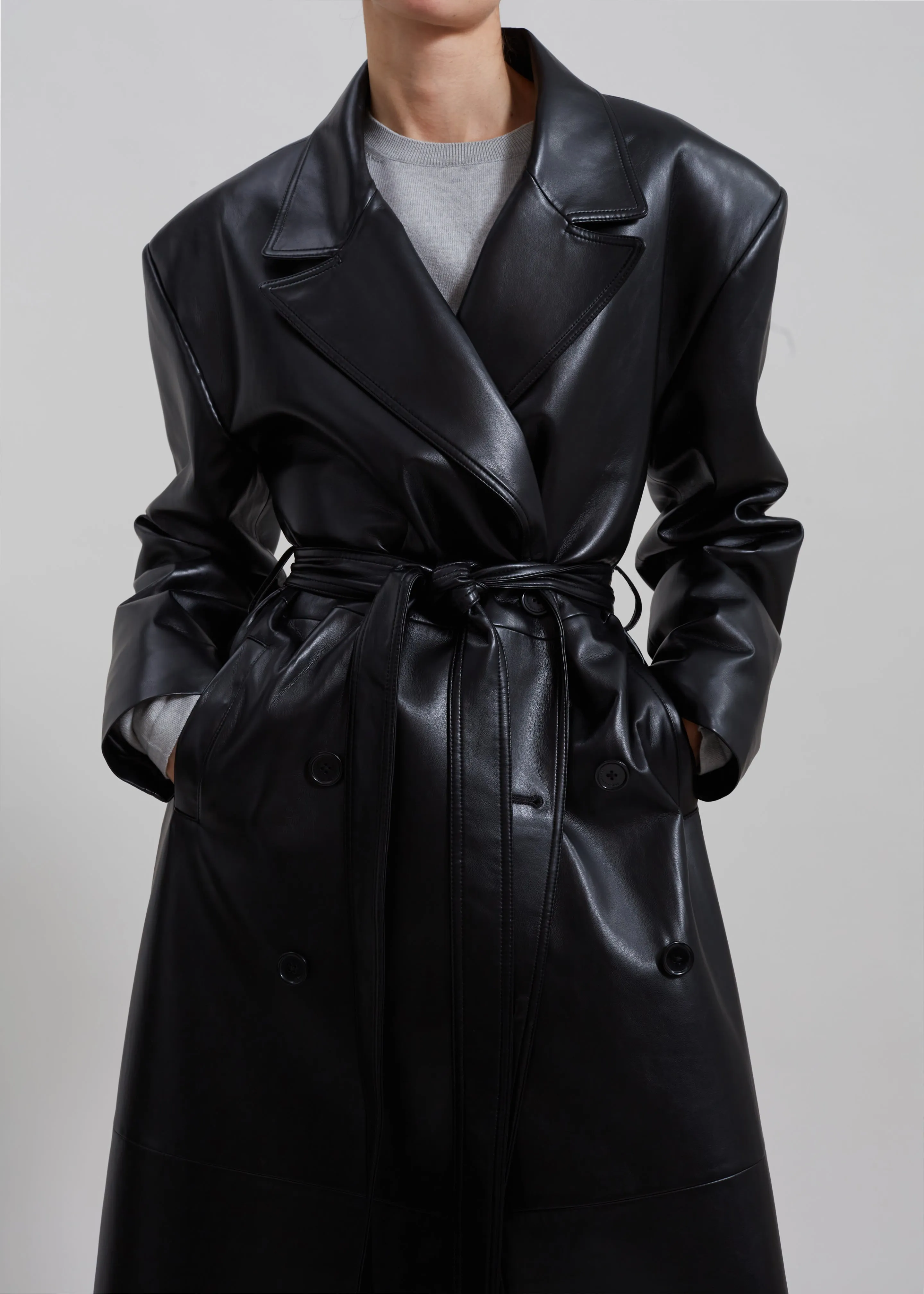 Black Faux Leather Trench Coat by Tina.