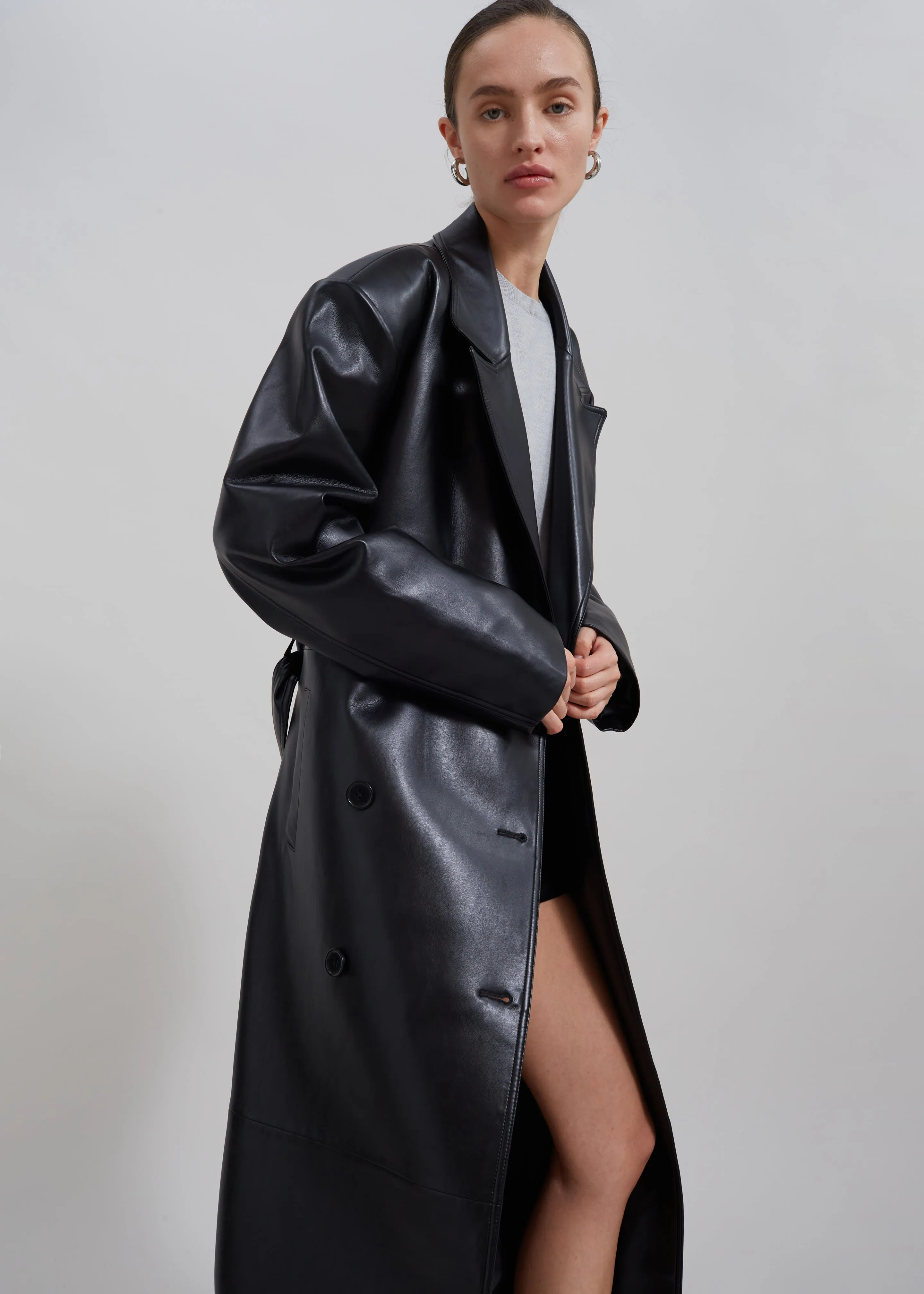 Black Faux Leather Trench Coat by Tina.