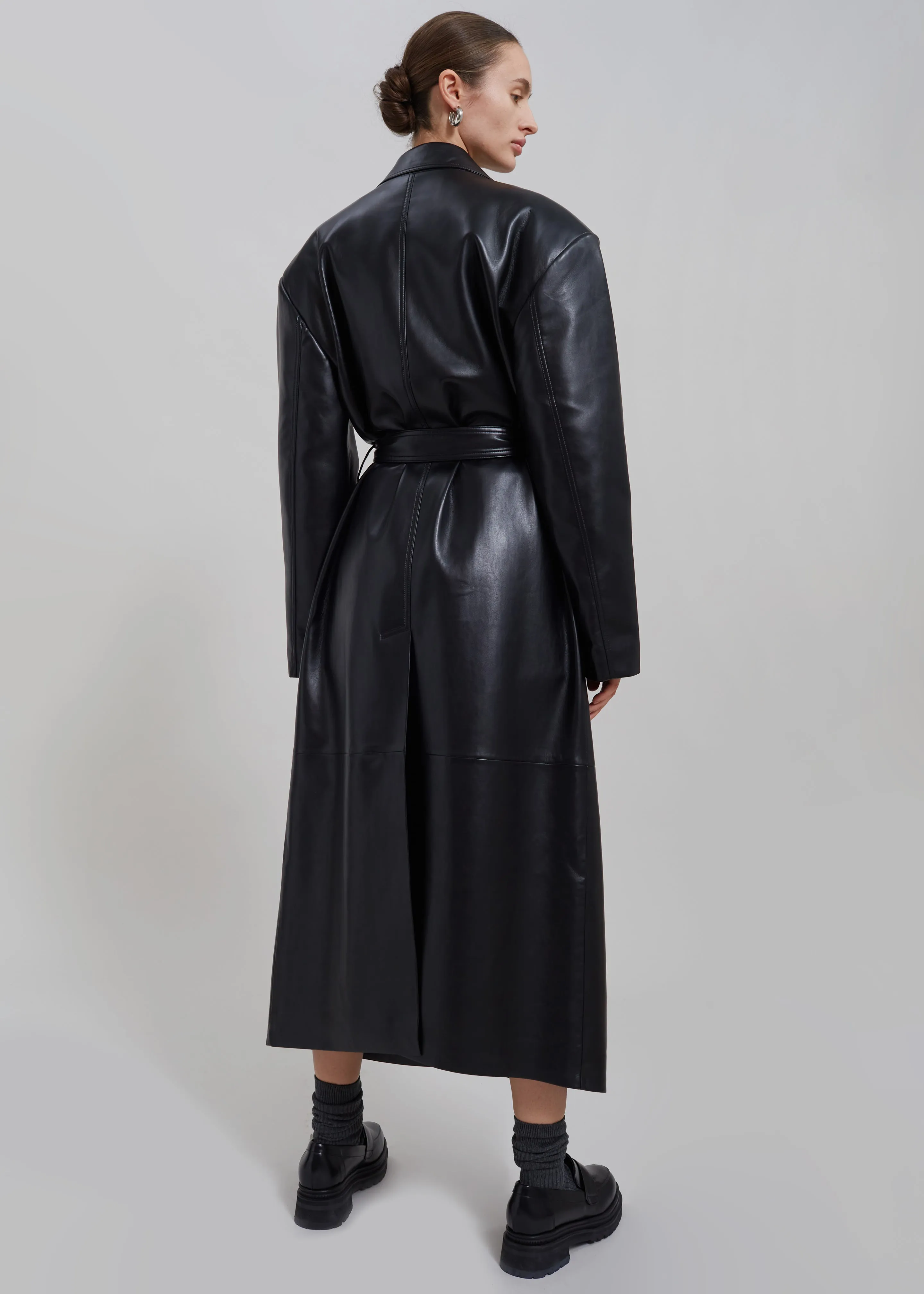 Black Faux Leather Trench Coat by Tina.