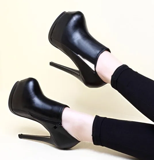 Black Stiletto High Heel Ankle Boots Metal Plate Platforms