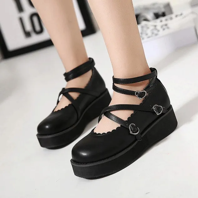 Black Lolita Platform Shoes with Cross Ankle Straps