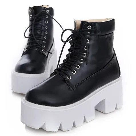 Black Lace Up Chunky Block Platforms Boots