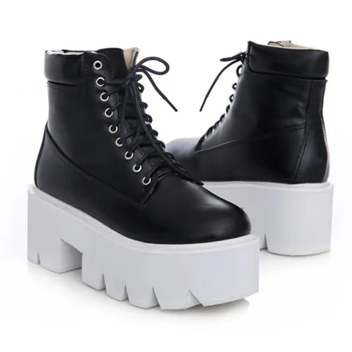 Black Lace Up Chunky Block Platforms Boots