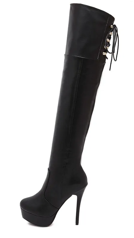 Black Knee-Length Stiletto High Heel PU Leather Platforms Boots