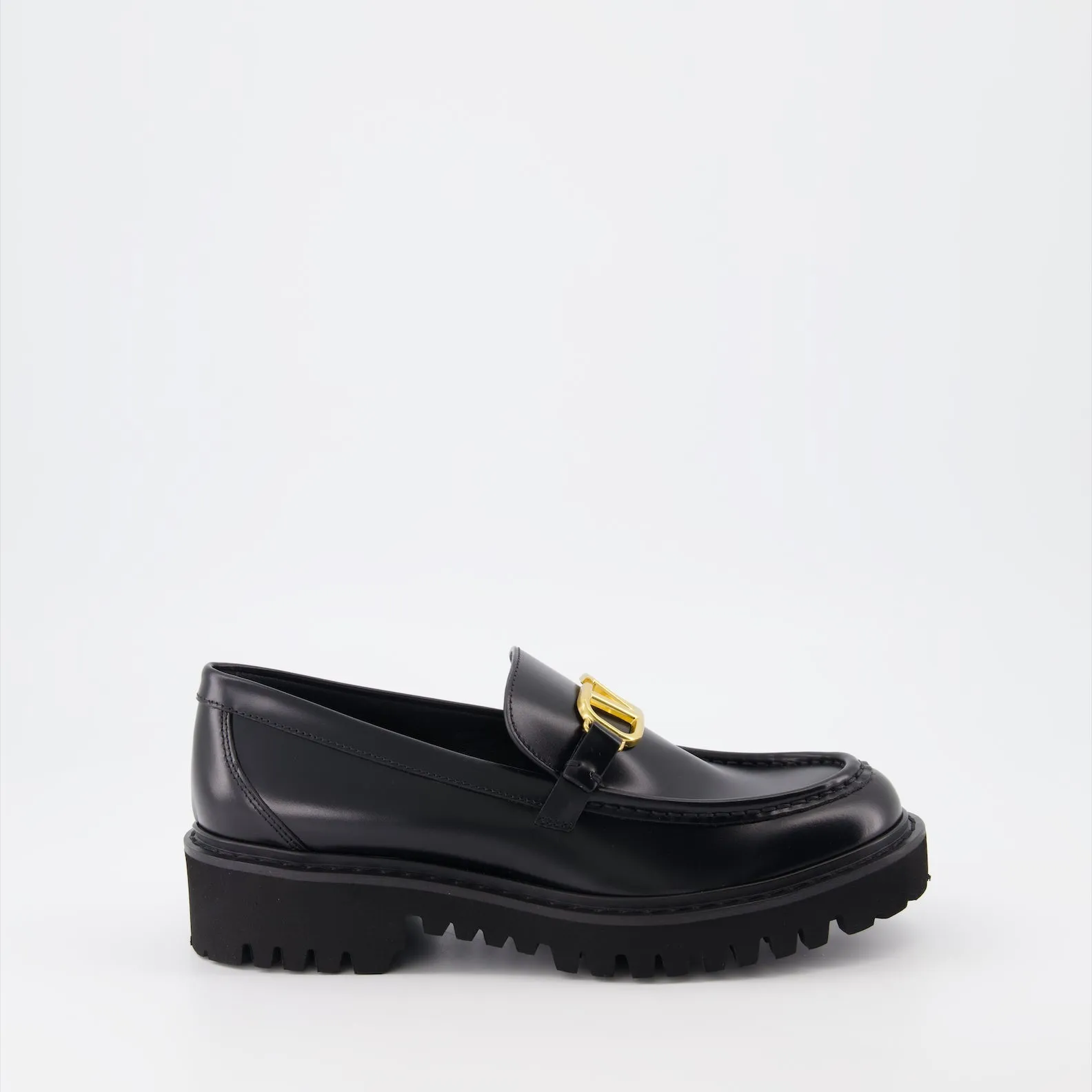 Black Leather VLogo Moccasins