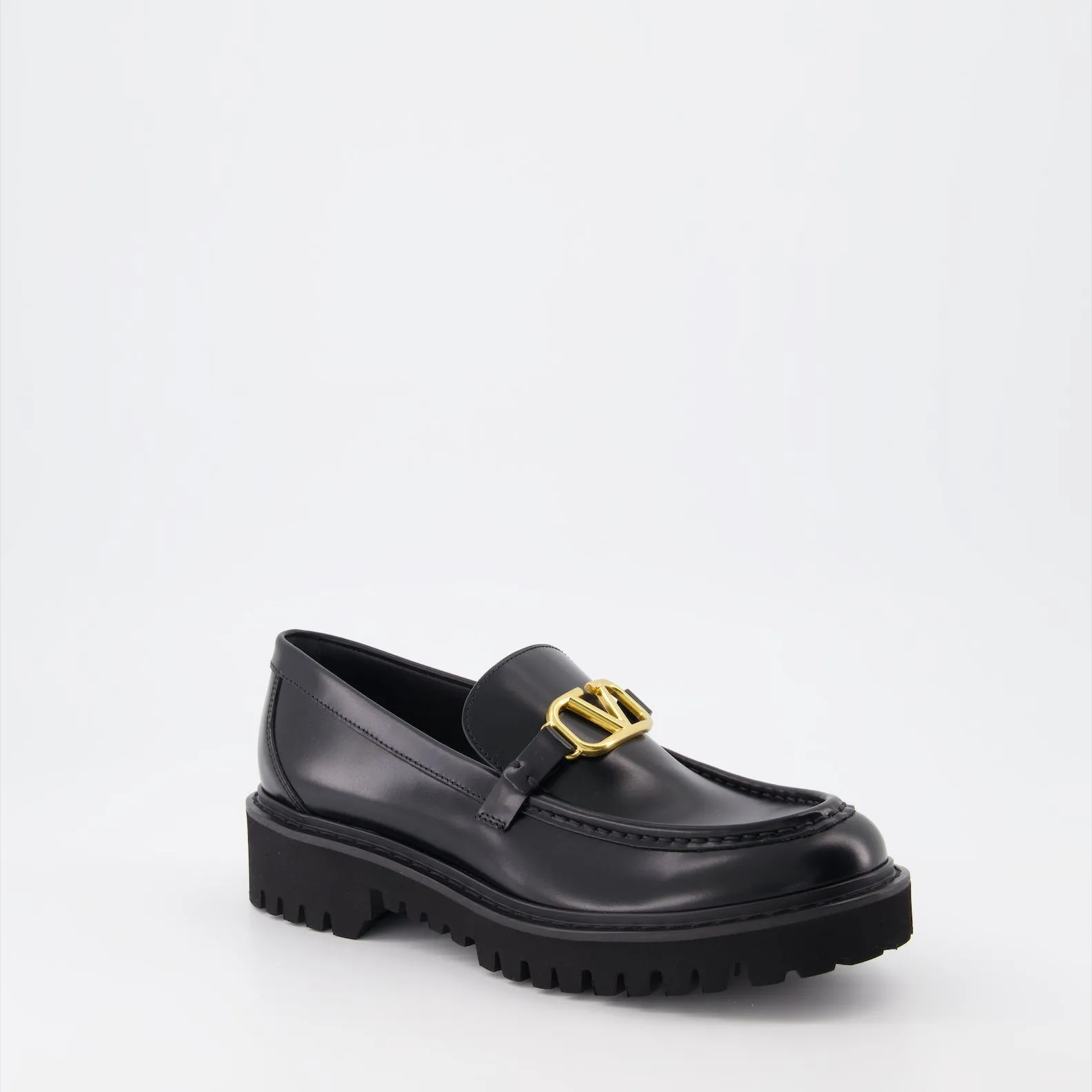 Black Leather VLogo Moccasins